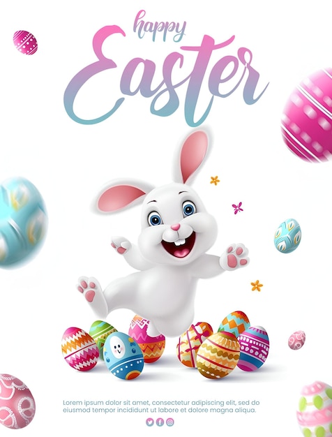 Psd feliz pascua fondo colorido para redes sociales post editable con conejo pequeño y huevos de pascua