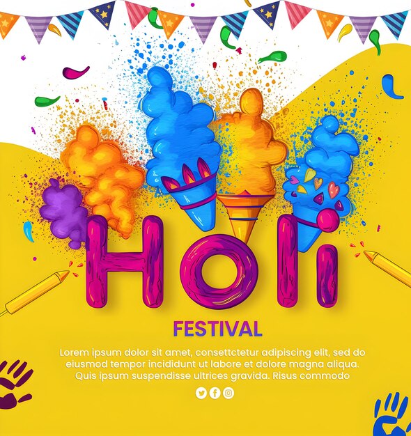 Psd feliz posters de saludos de holi diseñar el festival indio colorido con texto editable de holi
