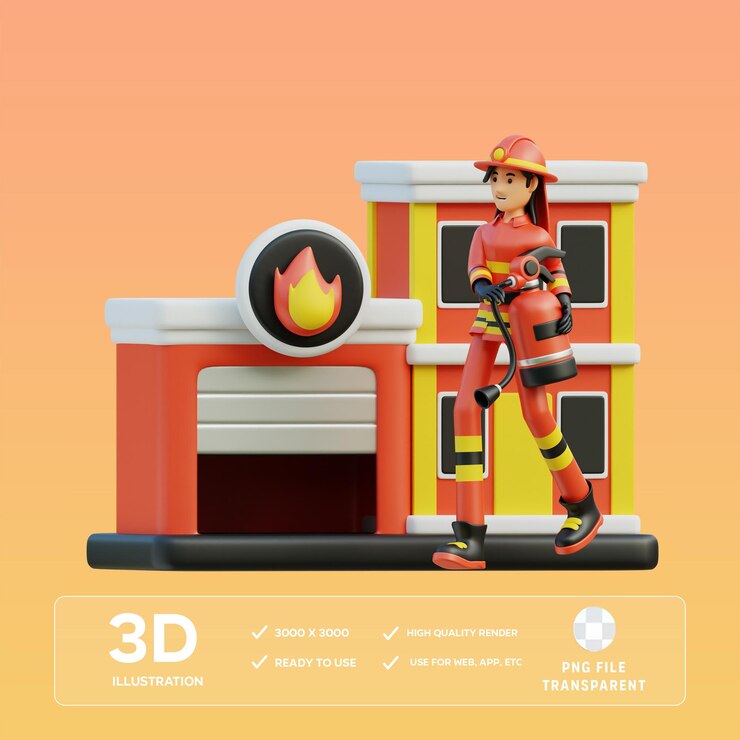 PSD psd female firefighter headed to the office 3d illustration