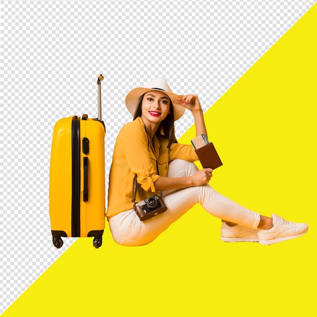 PSD une femme avec une valise jaune avec une femme portant un chapeau et un chopeau avec un fond transparent