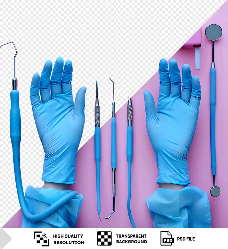 PSD psd ferramentas médicas incluindo uma luva azul e colher estão dispostas em uma mesa rosa ao lado de uma toalha azul png psd