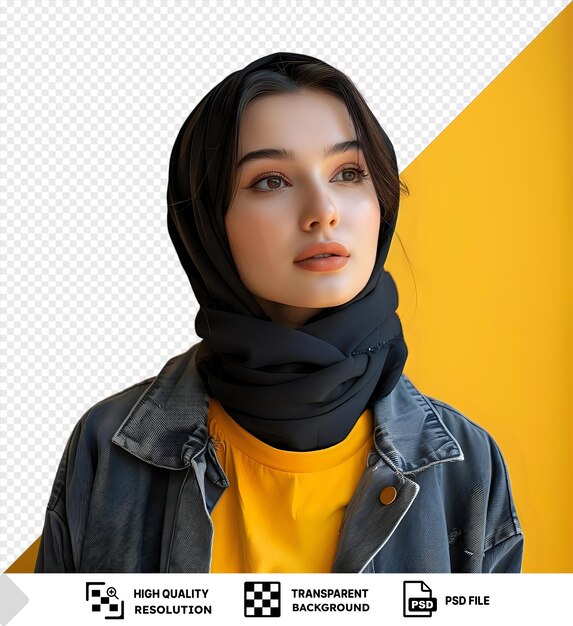 PSD psd fille audacieuse face à une peur invisible portant une veste bleue et une chemise jaune avec un foulard noir autour de son cou debout devant un mur jaune ses yeux bruns nez