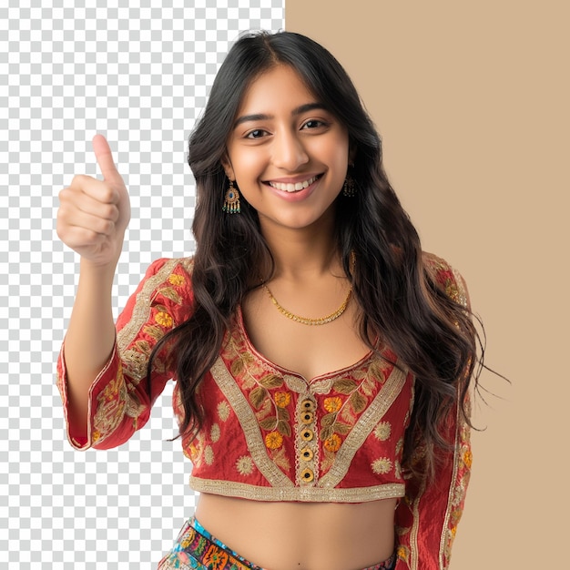 PSD psd fille indienne faisant un geste de pouce joyeux avec la main sur un fond transparent isolé