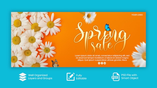 PSD psd floral modelo de design de banner de venda de desconto de primavera feliz com fundo de primavera