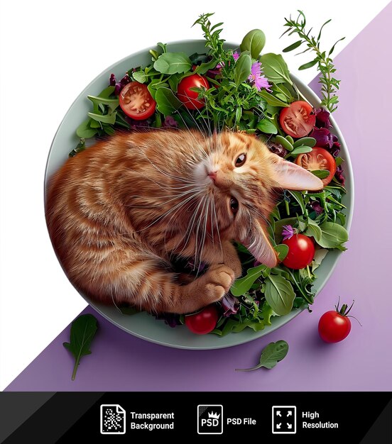 PSD psd fond transparent gras gingembre chat mangeant une salade isolé sur png blanc