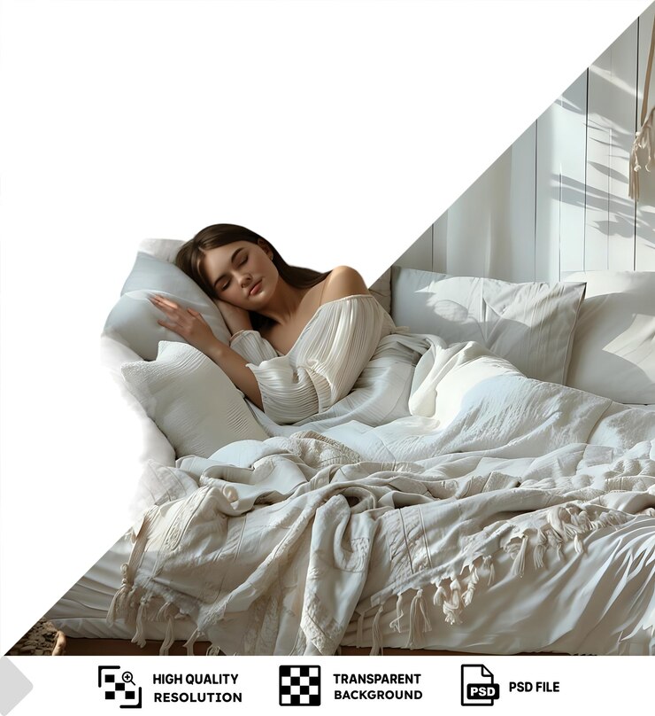 PSD psd fondo transparente chica serena durmiendo en su acogedora habitación rodeada de almohadas blancas y una canasta de mimbre con una planta en maceta añadiendo un toque de naturaleza png psd