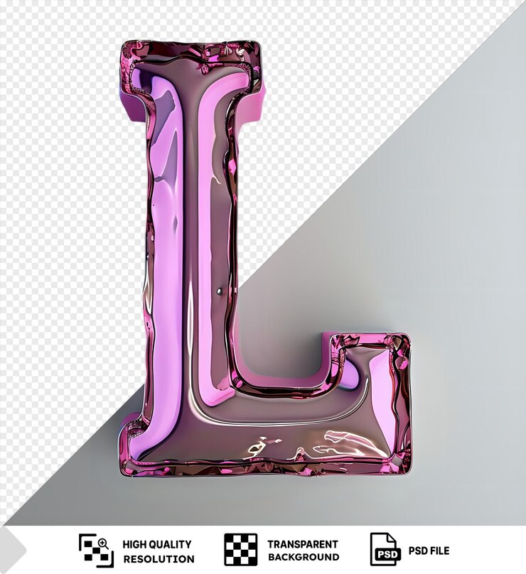 PSD psd fondo transparente letra de vidrio rosa metálico l en una pared gris y blanca png psd
