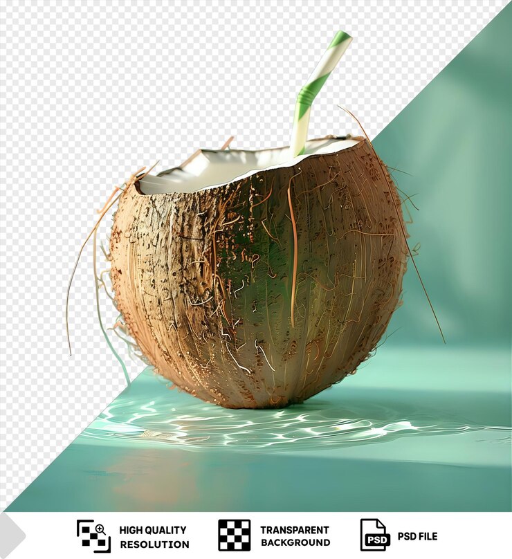 PSD psd fondo transparente refrescante agua de coco con una planta de hojas