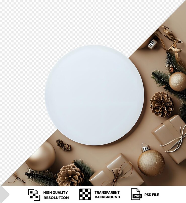 PSD psd fondo transparente tarjeta blanca redonda con regalos y decoraciones navideñas maqueta png