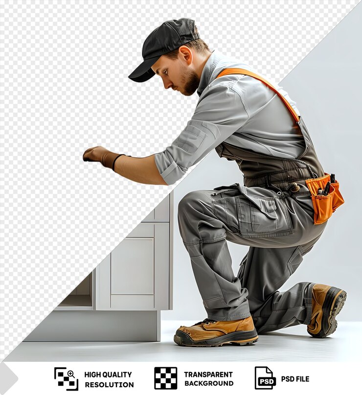 PSD psd fondo transparente técnico de reparación alegre reparando una pieza de muebles de cocina png
