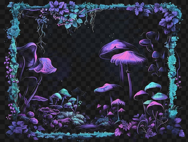 PSD psd de la forêt de champignons lumineux cadre arcane avec mus bioluminescents contour art de style collage au néon