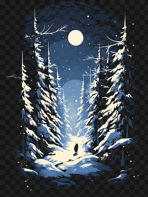 PSD psd de la forêt de pins couverte de neige avec un fox cool blues et blancs da modèle design de tatouage clipart