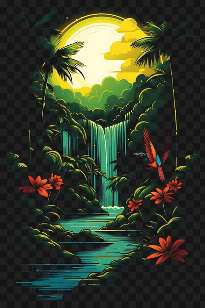 Psd De La Forêt Tropicale Cascade Avec Des Oiseaux Exotiques Verts Luxuriants Brillants Modèle Tr Design De Tatouage Clipart