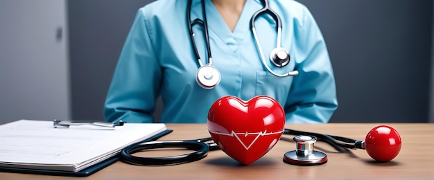 PSD psd forme d'amour de cœur rouge et stéthoscope des médecins sur le fond de la table