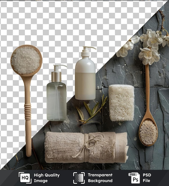 Psd foto dia de spa em casa configurado com uma colher de madeira garrafa branca e flor branca contra uma parede cinzenta