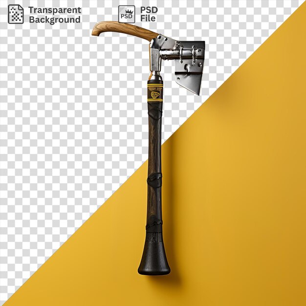 PSD psd fotográfico realista bombeiros machado e martelo em um fundo amarelo com uma alça preta visível em primeiro plano