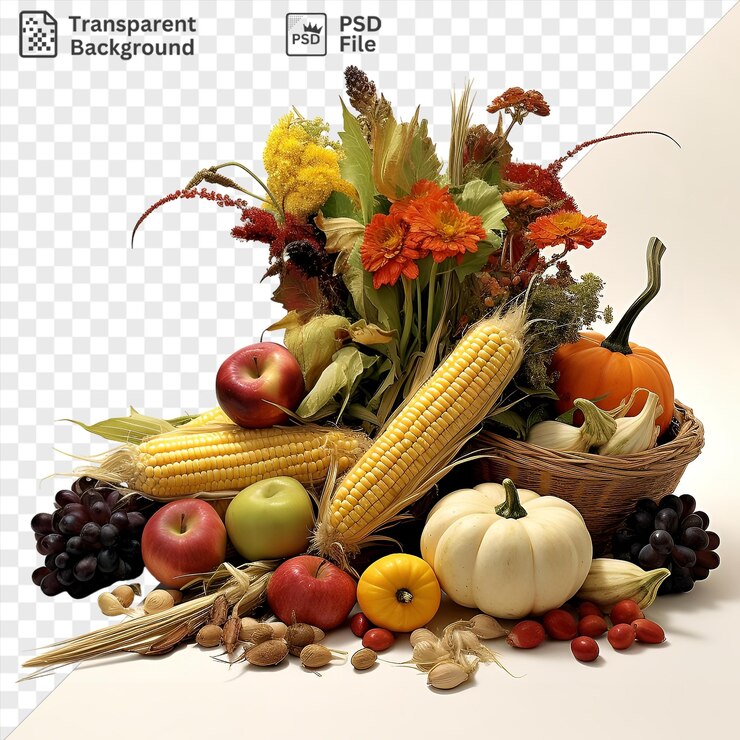 PSD psd fotográficos realistas agricultores cosechan una variedad colorida de frutas y verduras dispuestas en cestas de mimbre incluyendo maíz amarillo calabazas naranja manzanas rojas y una mezcla de amarillo y
