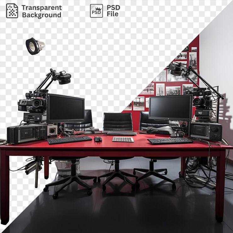 PSD psd fotográficos realistas periodistas configuración de la sala de redacción con cámaras negras teclado y ratón en una mesa roja contra una pared blanca y roja con una silla negra en primer plano y