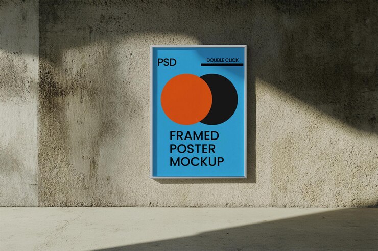 Psd Framed Poster Mockup on Concrete Wall