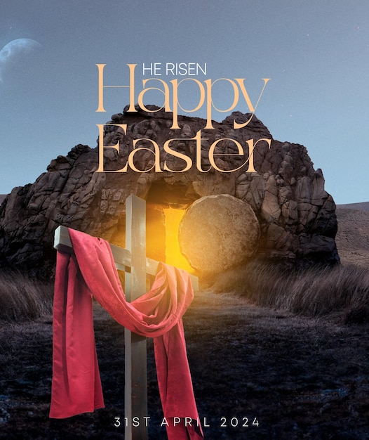 PSD Frohe Ostern mit Jesus-Grabstätte und Holzkreuz mit rotem Tuch