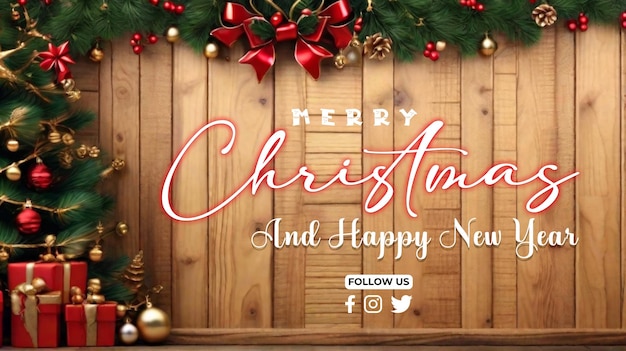 PSD psd frohe weihnachten und frohes neujahr banner mit weihnachten brance geschenke kieferblatt