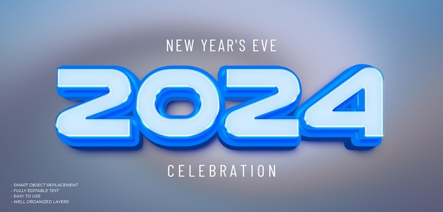 PSD frohes neues Jahr 2024 3D-Text-Effekt mit blauer Gradientfarbe auf der Zahl