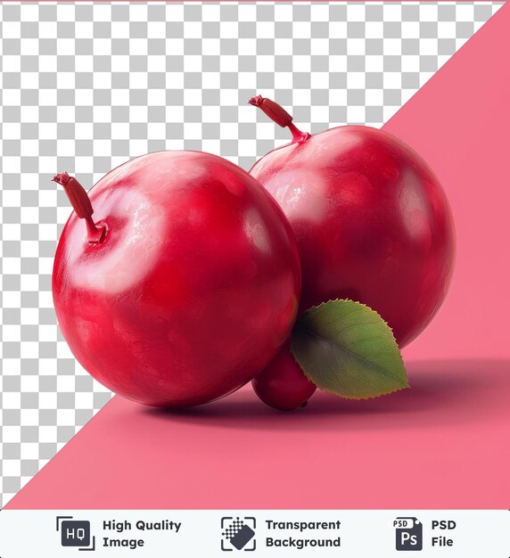 PSD psd avec des fruits de cannelle transparents et des feuilles vertes sur un fond rose jetant une ombre sombre