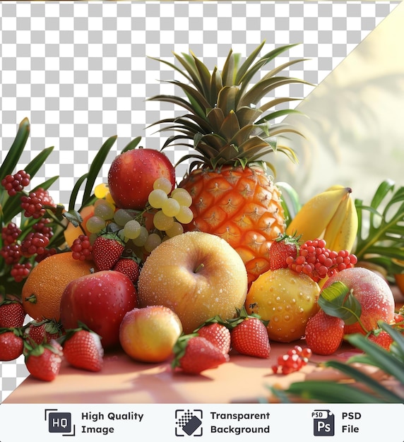 PSD psd avec des fruits traditionnels transparents du ramadan, y compris un ananas, des fruits rouges, des fruits jaunes et des fraises rouges sur un fond transparent