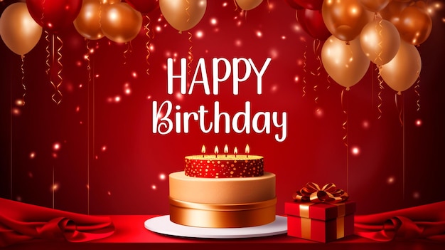 Psd fundo de celebração de aniversário vermelho com balão caixa de presente de bolo de aniversário feliz