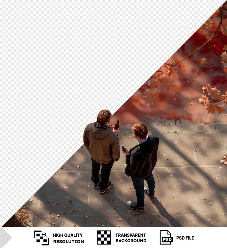 PSD psd fundo transparente dois caras com garrafas de pé falando no parque um vestindo um casaco preto e jeans azuis o outro com cabelo vermelho e castanho e uma folha castanha em primeiro plano png psd