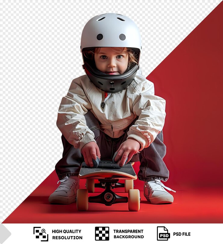 PSD psd fundo transparente focado criança colocando equipamento de segurança antes de patinação com uma parede vermelha no fundo e um capacete cinza e branco na cabeça da criança, enquanto uma mão e png psd
