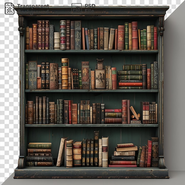 Psd fundo transparente fotográfico realista estante de bibliotecários exibindo uma variedade de livros, incluindo um livro castanho um livro vermelho e um livro marrom e de madeira contra uma parede verde