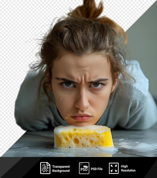 PSD psd fundo transparente jovem furiosa limpando o chão com esponja com cabelo castanho nariz grande e olhos azuis e castanhos de pé em frente a uma parede branca png