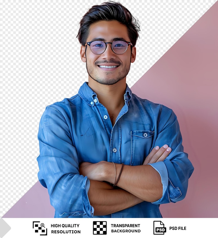 PSD psd fundo transparente jovem hispânico vestindo camisa azul e óculos olhando para a câmera com sorriso positivo confiante segurando os braços cruzados