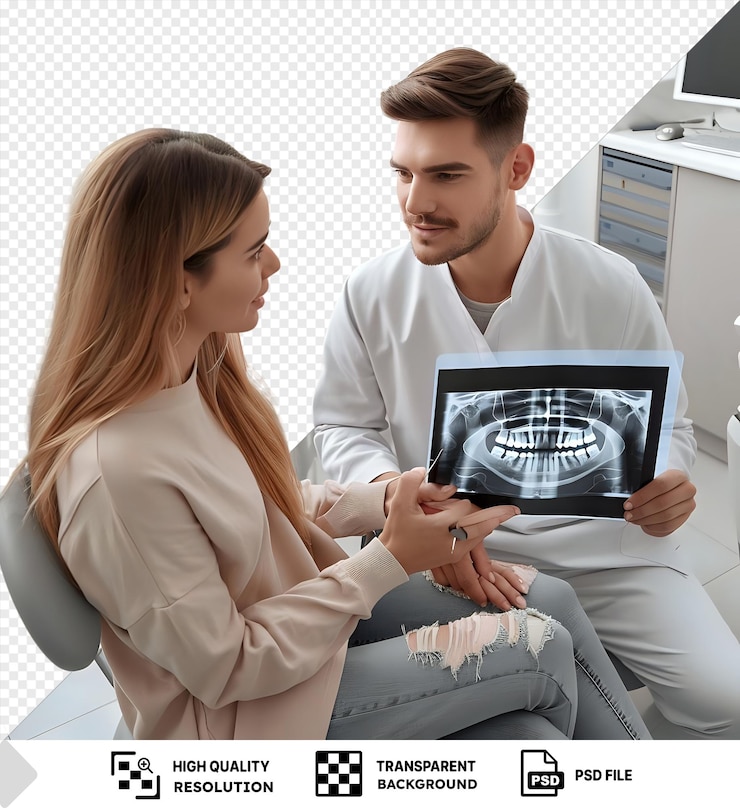 PSD psd fundo transparente resultados de raios-x de uma mulher com cabelos castanhos longos e um homem com cabelo castanho curto sentado em uma cadeira branca com uma mão visível em primeiro plano png psd