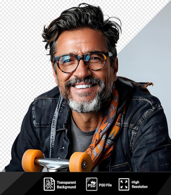 Psd fundo transparente um homem maduro com um skate no distrito de escritórios vestindo um casaco preto óculos pretos e um lenço laranja ele tem uma barba cinzenta cabelo preto e png