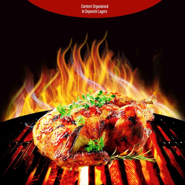 PSD Ganzes gegrilltes Hähnchen im BBQ-Grill isoliert auf transparentem Hintergrund