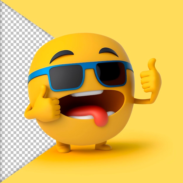 PSD gelbes Emoticon mit blauer Sonnenbrille und Daumen nach oben mit herausgestreckter Zunge, 3D-Darstellung