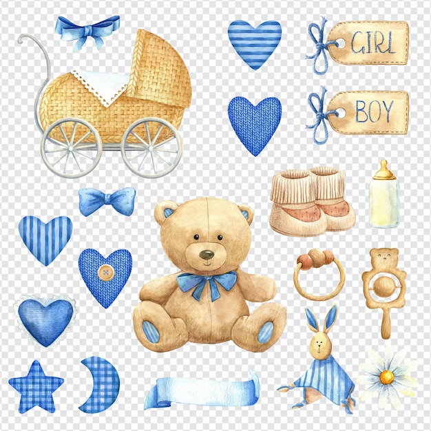 PSD psd geschichtete baby boy clipart set neugeborene sammlung baby-dusche spielzeug teddybär illustration