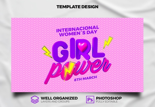 PSD giornata internazionale della donna post social media 3d rendering 8 marzo girl power