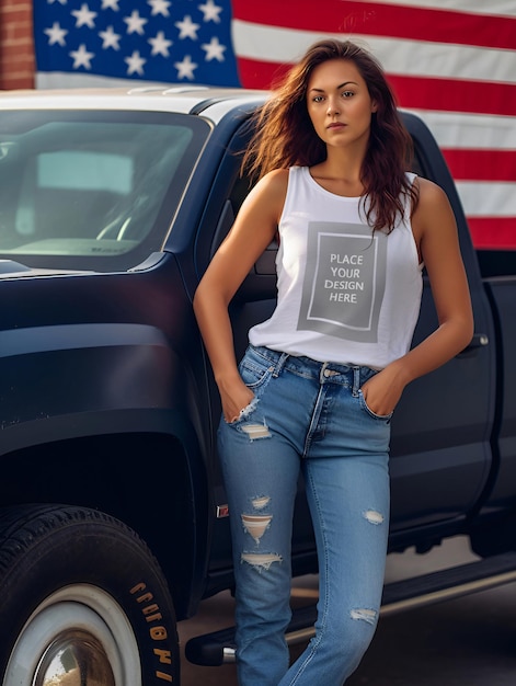 PSD Giorno dell'Indipendenza 4 luglio Donna Donna Tshirt Mockup Bandiera americana USA AI generativa