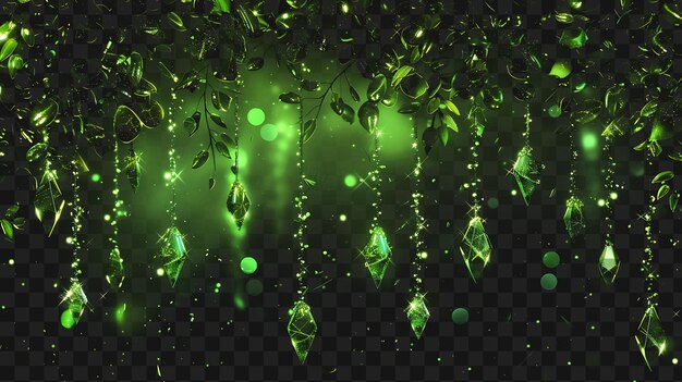 PSD psd glowing peridot green crystals suspended in a cascading form outline collage art frame glass (cristais verdes de peridoto brilhantes suspensos em uma forma em cascata)