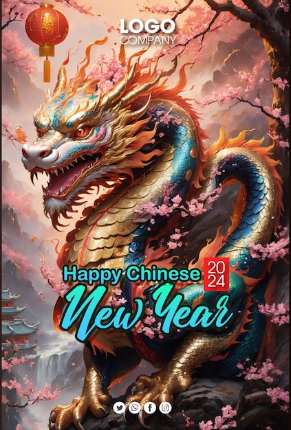 PSD psd glückliches chinesisches neujahr 2024 das drachen-zodiac-zeichen mit blumen-lampe asiatische elemente