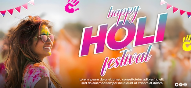 Psd glückliches holi-feiern social-media-banner-design mit bearbeitbarem holi-text holi hai party-banner