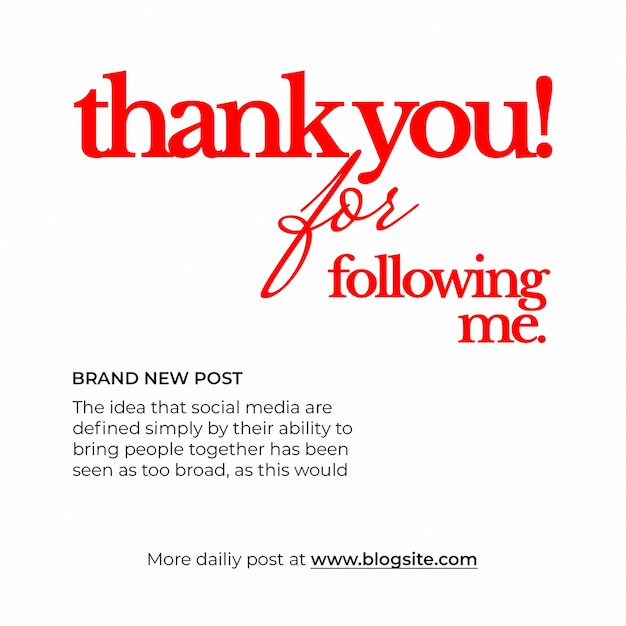 PSD Gracias por seguirme en la plantilla de publicaciones de Instagram de fondo blanco