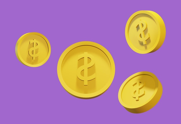 Psd gratis 3d render cuatro monedas de oro flotan sobre un fondo morado.