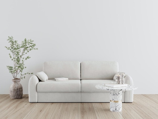 PSD grátis uma sala de estar com um sofá branco e uma mesa com uma planta nele