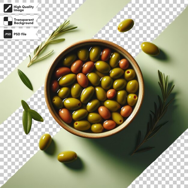 PSD psd-grüne oliven auf einer schüssel auf durchsichtigem hintergrund