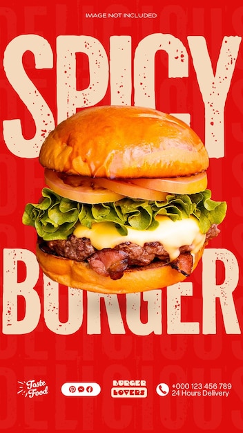 PSD psd hambúrguer picante em fundo vermelho modelo de história do instagram