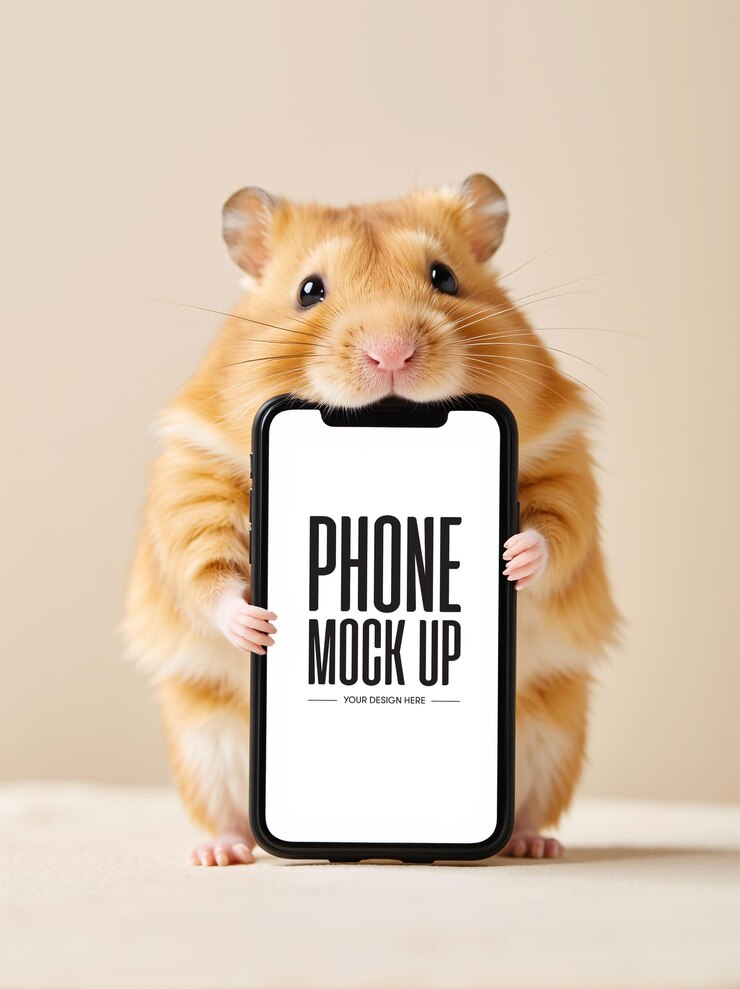 PSD psd hamster adorable sosteniendo una maqueta de teléfono inteligente en fondo beige pantalla de tecnología de mascotas